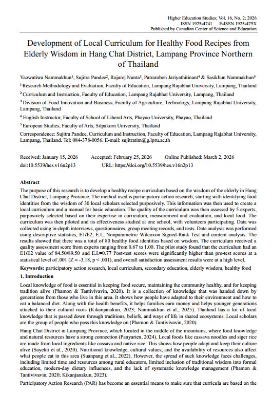 Development of Local Curriculum for Healthy Food Recipes from Elderly Wisdom in Hang Chat District, Lampang Province Northern of Thailand
